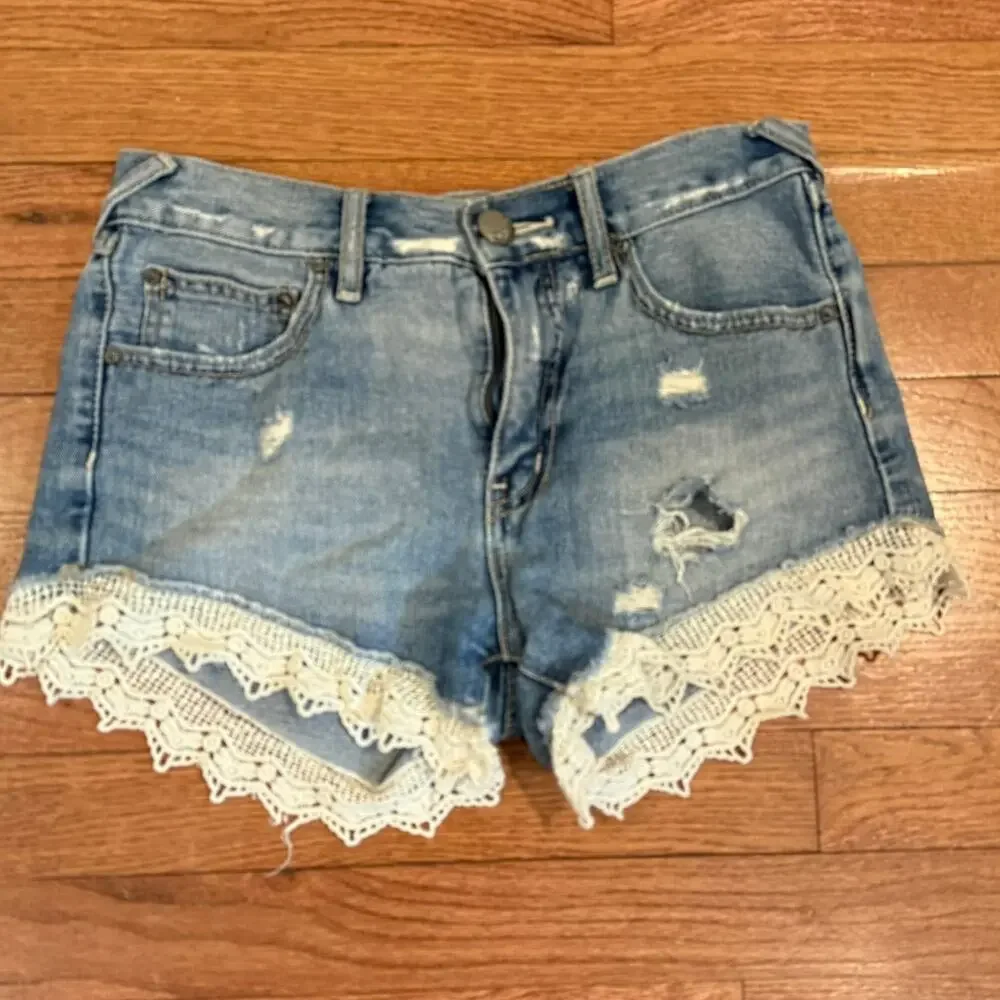 Free People Lace Trim Distressed Denim Shorts Womens 24 Boho Festival